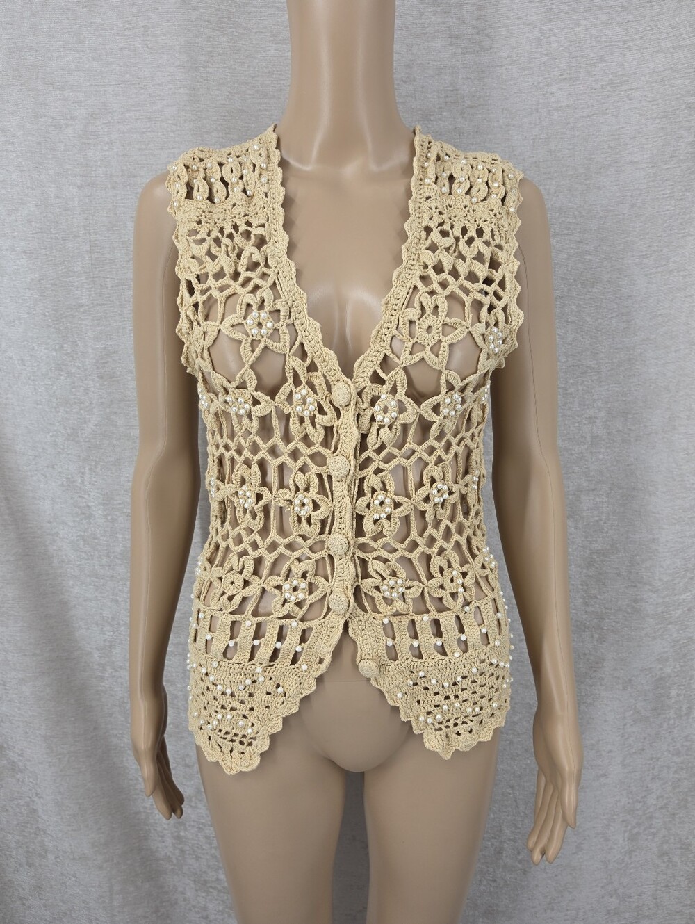 Vintage Tan Crochet Lace Beades Open Knit Sweater Vest Boho Cottagecore Cotton